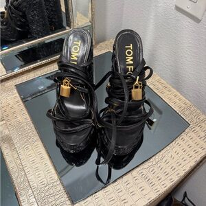 Tom Ford Black Strappy Heels with Gold Accents